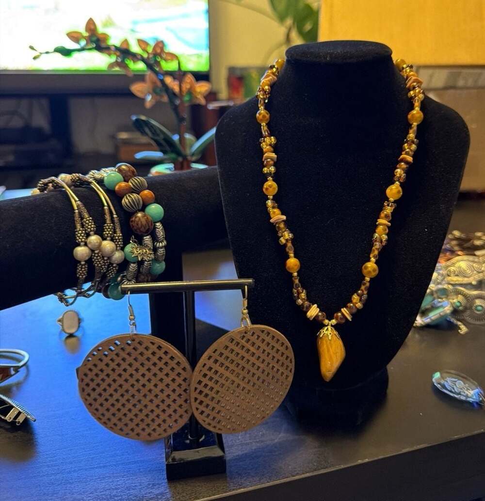 Boho Jewelry Bundle Tigers Eye Necklace Wood Earrings Turquoise Pearl Bracelets